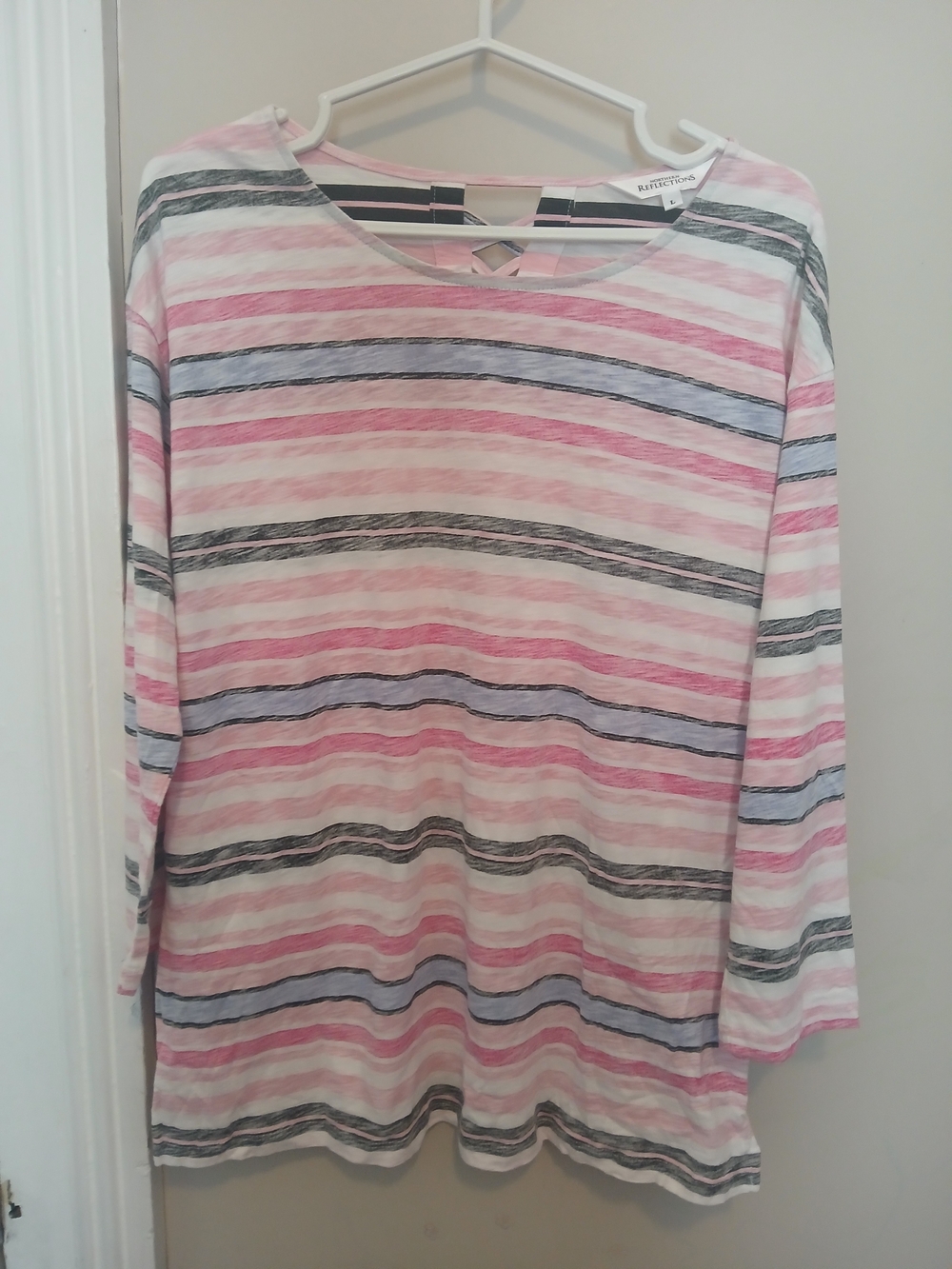 Northern Reflections Pink, Gray, Blue & White Striped Cropped Sleeve Top